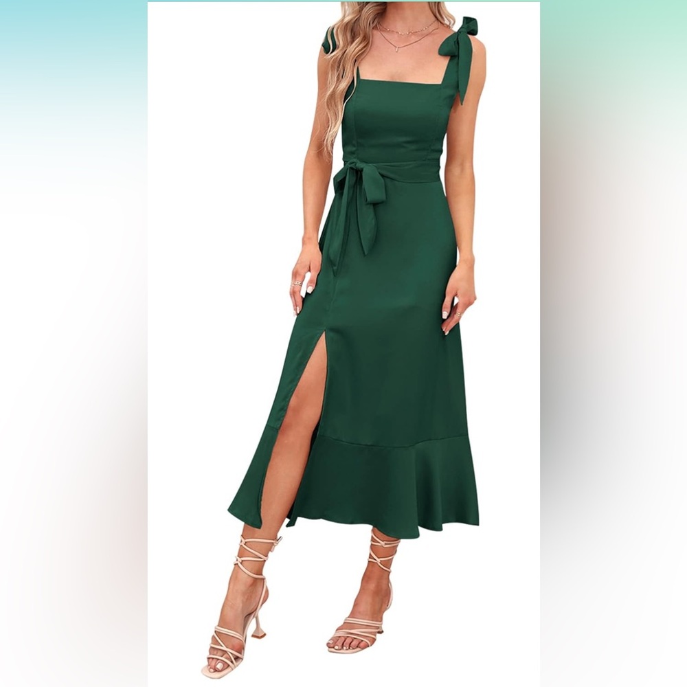 Square neck spaghetti straps ruffle split midi dress